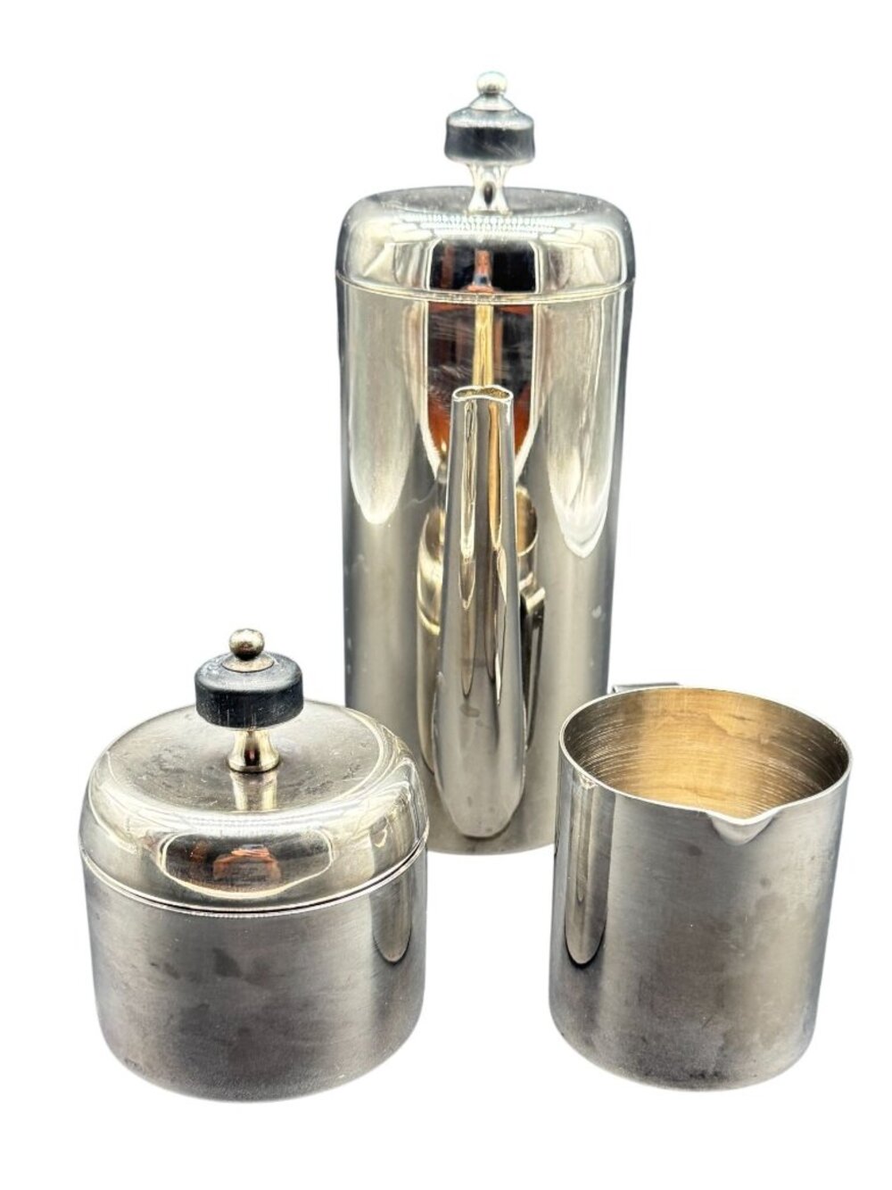 Vintage MCM Silver Stainless Steel Coffee/Tea Pot Creamer & Sugar Set With Lids - Picture 2 of 5
